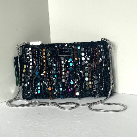 Kate Spade Nova Fringe Embellished Clutch Crossbody Black Chain Strap Rare Party - Picture 2 of 12